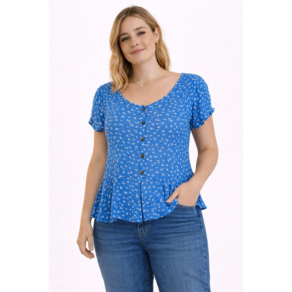 Moral Fiber Blouse Womens M Blue Floral Button Front Puff Sleeve Cottagecore